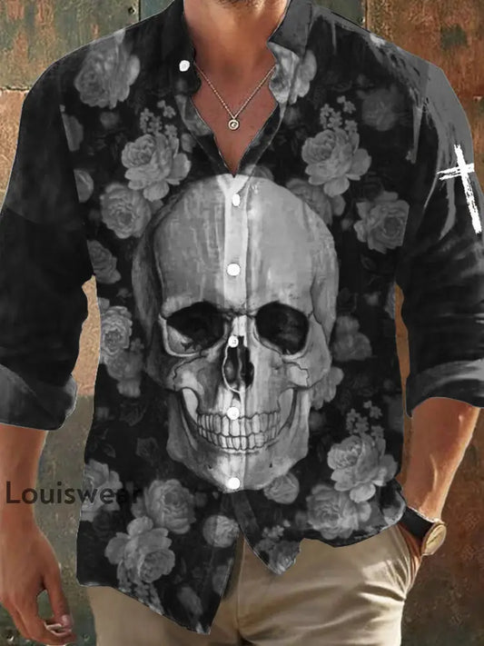 Langärmliges Hemd im dunklen Stil für Männer mit Skull-Rose-Print Schwarz / S