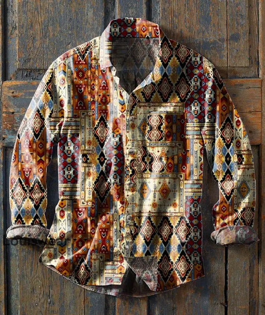 Langärmliges Herren-Hemd mit Western-Print-Lässiges Revers als bild / S