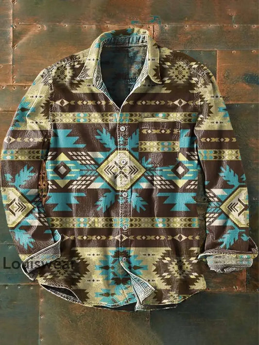 Langärmliges Herren-Hemd mit Western-Print-Lässiges Revers als bild / S