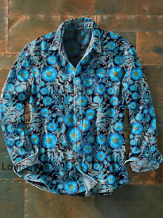 Langärmliges Herren-Vintage-Hemd mit Blumen druck als bild / S