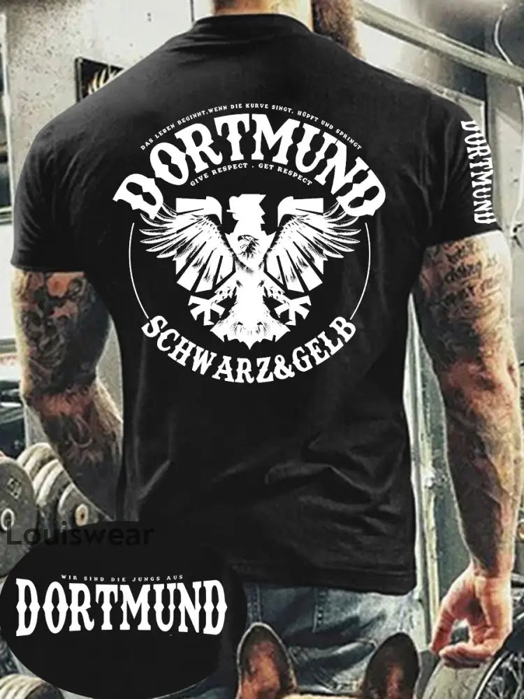 Männer Dortmund bedrucktes Kurzarm-T-Shirt Schwarz / S