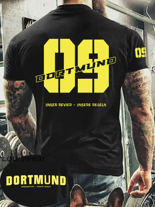 Männer Dortmund bedrucktes Kurzarm-T-Shirt Schwarz / S
