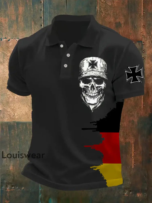 Männer Eisernes Kreuz Schädel Print Polo-Shirt Schwarz / S