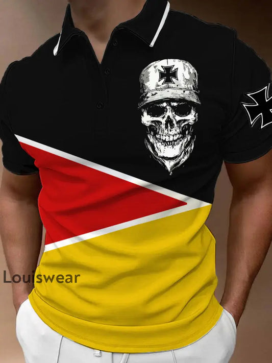 Männer Eisernes Kreuz Schädel Print Polo-Shirt Schwarz / S