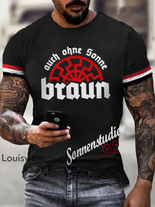 Männer Sonnen braun 88 Auch ohne Sonne braun bedrucktes Kurzarm-T-Shirt Schwarz / S