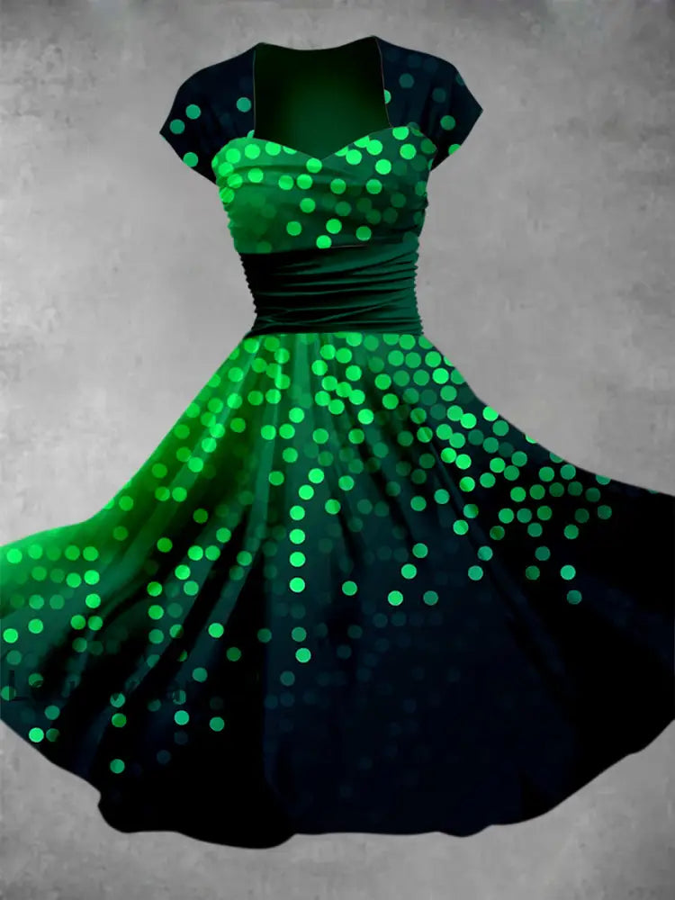 Retro Blumen kunst bedruckt Vintage V-Ausschnitt Falten Taille Kurzarm Midi-Kleid A / S