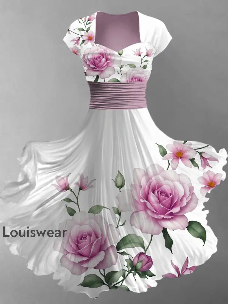 Retro Blumen kunst bedruckt Vintage V-Ausschnitt Falten Taille Kurzarm Midi-Kleid A / S