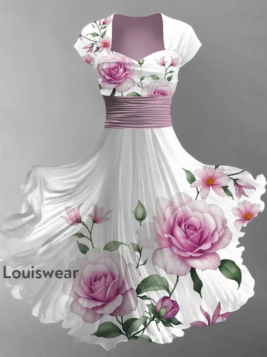Retro Blumen kunst bedruckt Vintage V-Ausschnitt Falten Taille Kurzarm Midi-Kleid A / S