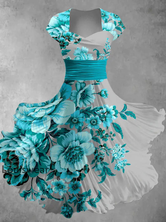 Retro Blumen kunst bedruckt Vintage V-Ausschnitt Falten Taille Kurzarm Midi-Kleid A / S
