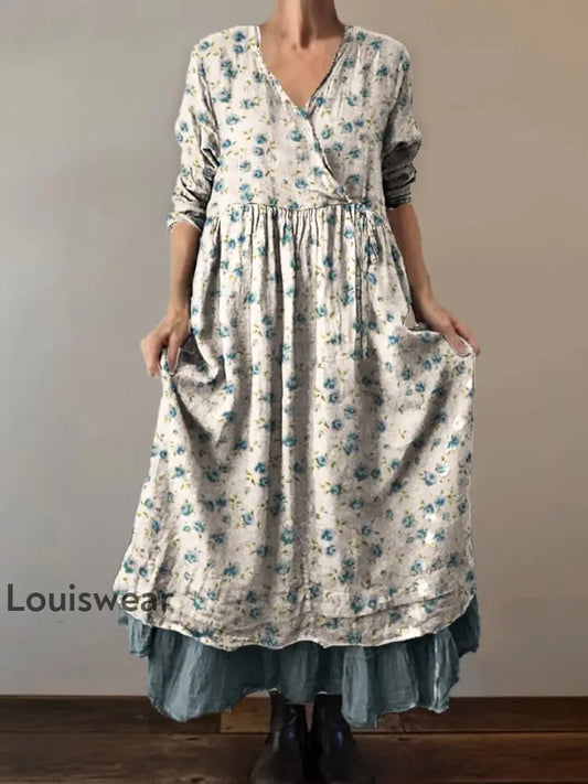 Retro Boho Blumen botanik Print Vintage V-Ausschnitt Doppel-Saum Baumwolle Langarm Midi-Kleid A / S