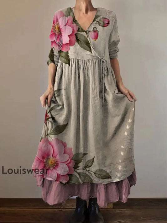 Retro Boho Blumen botanik Print Vintage V-Ausschnitt Doppel-Saum Baumwolle Langarm Midi-Kleid A / S