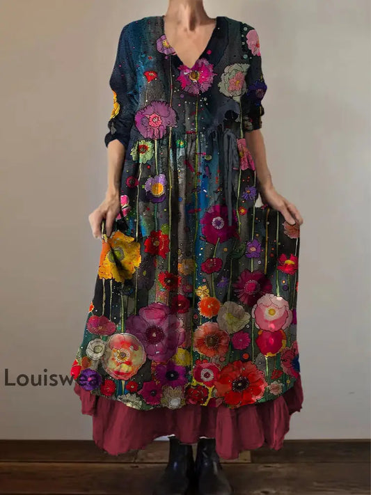 Retro Boho Blumen botanik Print Vintage V-Ausschnitt Doppel-Saum Baumwolle Langarm Midi-Kleid A / S