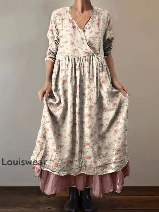 Retro Boho Blumen botanik Print Vintage V-Ausschnitt Doppel-Saum Baumwolle Langarm Midi-Kleid A / S