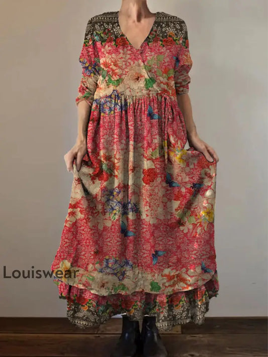 Retro Boho Blumen botanik Print Vintage V-Ausschnitt Doppel-Saum Baumwolle Langarm Midi-Kleid A / S