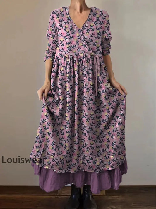 Retro Boho Blumen botanik Print Vintage V-Ausschnitt Doppel-Saum Baumwolle Langarm Midi-Kleid A / S