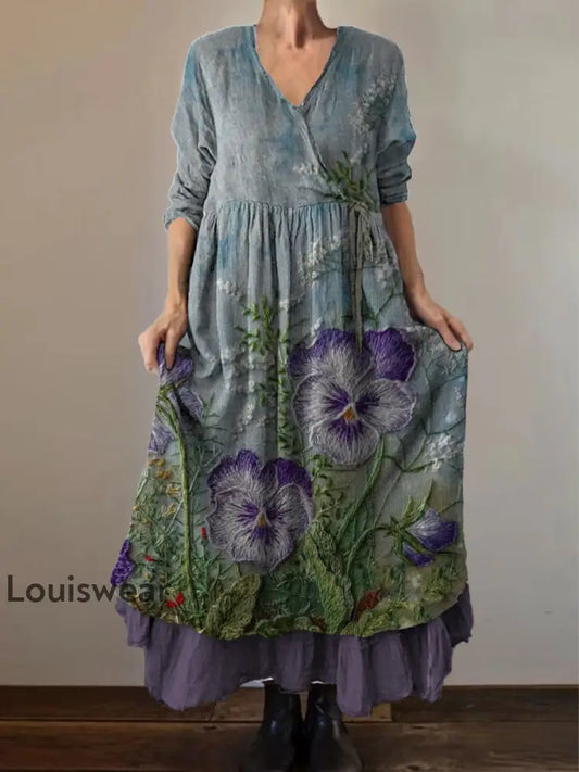 Retro Boho Blumen druck Vintage V-Ausschnitt Doppel-Saum Baumwolle Langarm Midi-Kleid A / S