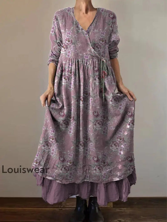 Retro Boho Blumen druck Vintage V-Ausschnitt Doppel-Saum Baumwolle Langarm Midi-Kleid A / S