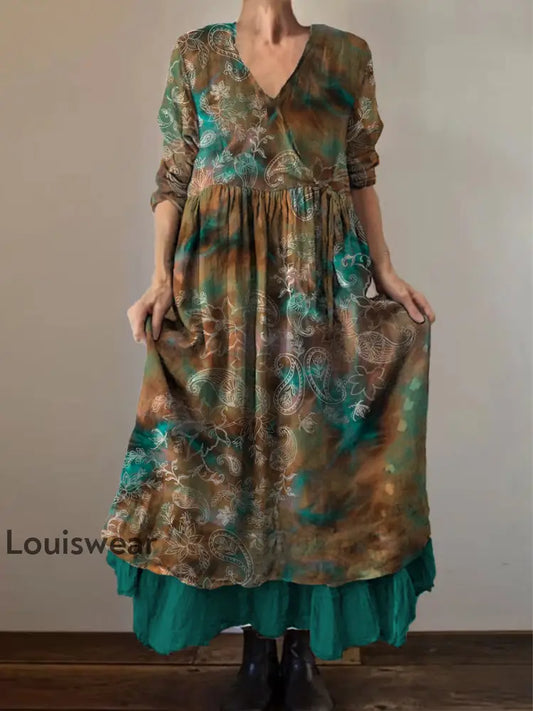 Retro Boho Blumen druck Vintage V-Ausschnitt Doppel-Saum Baumwolle Langarm Midi-Kleid A / S