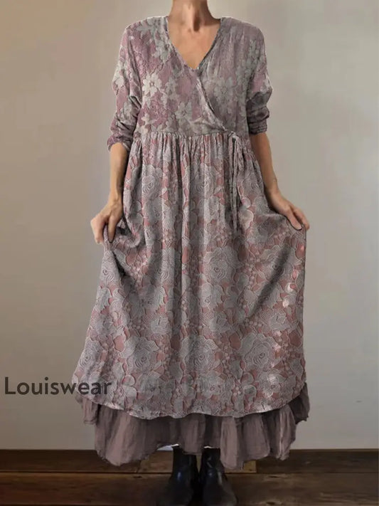 Retro Boho Blumen druck Vintage V-Ausschnitt Doppel-Saum Baumwolle Langarm Midi-Kleid A / S