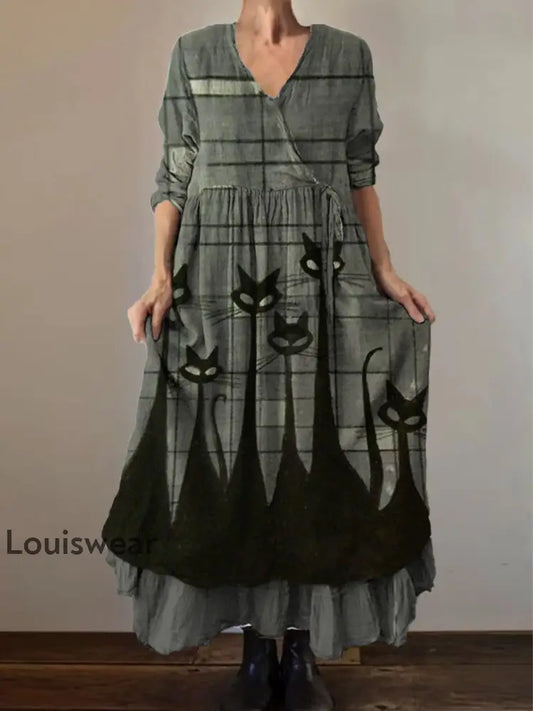 Retro Boho Blumen druck Vintage V-Ausschnitt Doppel-Saum Baumwolle Langarm Midi-Kleid A / S