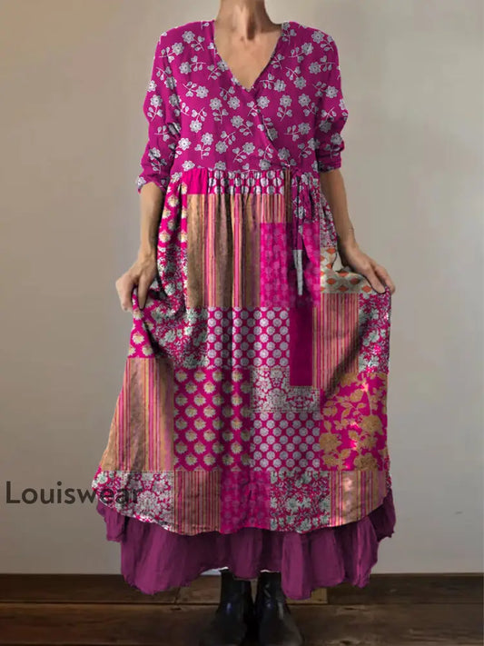 Retro Boho Blumen druck Vintage V-Ausschnitt Doppel-Saum Baumwolle Langarm Midi-Kleid A / S
