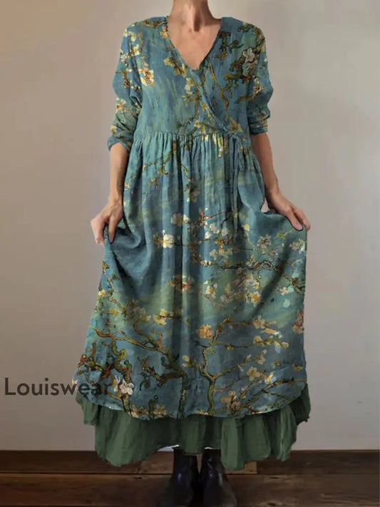 Retro Boho Blumen druck Vintage V-Ausschnitt Doppel-Saum Baumwolle Langarm Midi-Kleid A / S