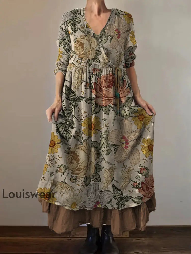 Retro Boho Blumen druck Vintage V-Ausschnitt Doppel-Saum Baumwolle Langarm Midi-Kleid A / S