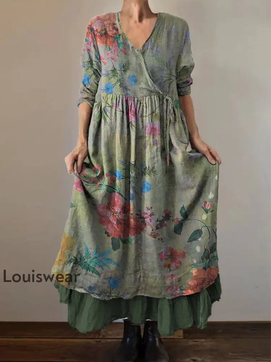 Retro Boho Blumen druck Vintage V-Ausschnitt Doppel-Saum Baumwolle Langarm Midi-Kleid A / S