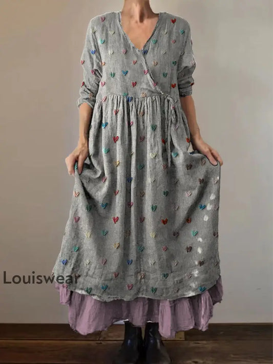 Retro Boho Blumen druck Vintage V-Ausschnitt Doppel-Saum Baumwolle Langarm Midi-Kleid A / S