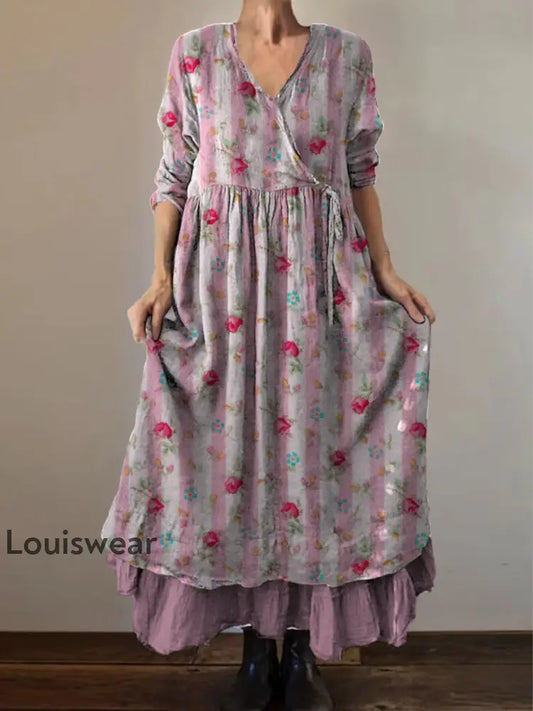 Retro Boho Blumen druck Vintage V-Ausschnitt Doppel-Saum Baumwolle Langarm Midi-Kleid A / S