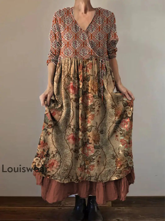 Retro Boho Blumen druck Vintage V-Ausschnitt Doppel-Saum Baumwolle Langarm Midi-Kleid A / S
