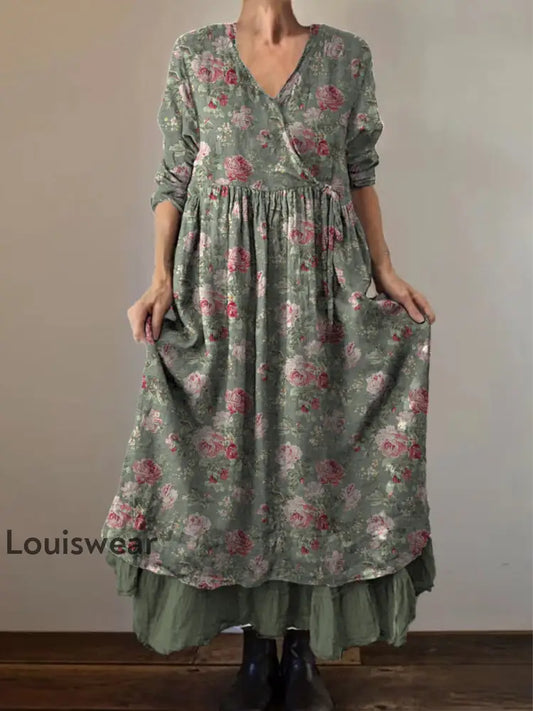 Retro Boho Blumen druck Vintage V-Ausschnitt Doppel-Saum Baumwolle Langarm Midi-Kleid A / S