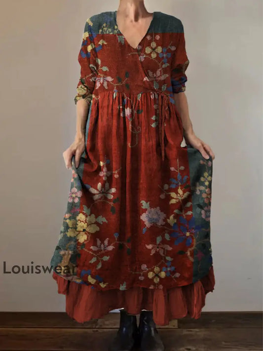 Retro Boho Blumen druck Vintage V-Ausschnitt Doppel-Saum Baumwolle Langarm Midi-Kleid A / S