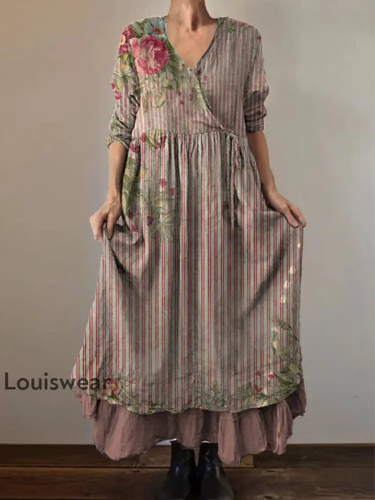 Retro Boho Blumen druck Vintage V-Ausschnitt Doppel-Saum Baumwolle Langarm Midi-Kleid A / S