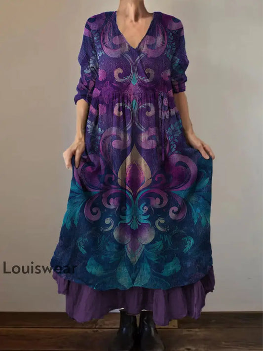 Retro Boho Blumen druck Vintage V-Ausschnitt Doppel-Saum Baumwolle Langarm Midi-Kleid A / S