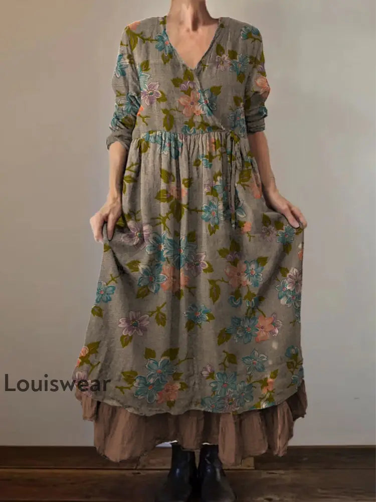 Retro Boho Blumen druck Vintage V-Ausschnitt Doppel-Saum Baumwolle Langarm Midi-Kleid A / S