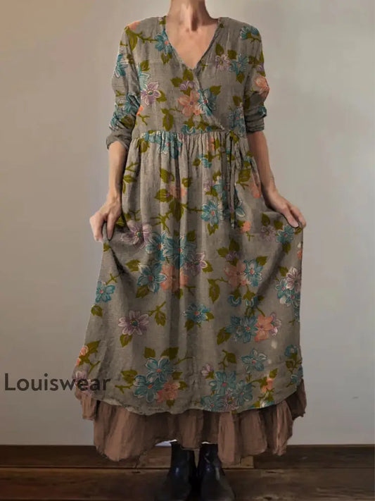 Retro Boho Blumen druck Vintage V-Ausschnitt Doppel-Saum Baumwolle Langarm Midi-Kleid A / S