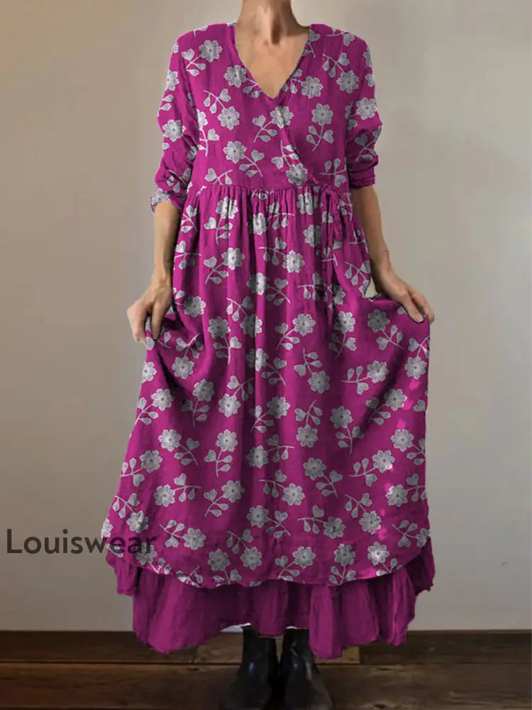 Retro Boho Blumen druck Vintage V-Ausschnitt Doppel-Saum Baumwolle Langarm Midi-Kleid A / S
