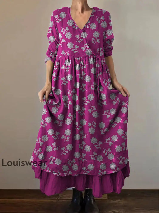 Retro Boho Blumen druck Vintage V-Ausschnitt Doppel-Saum Baumwolle Langarm Midi-Kleid A / S