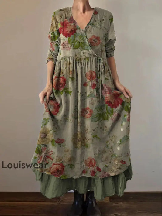 Retro Boho Blumen druck Vintage V-Ausschnitt Doppel-Saum Baumwolle Langarm Midi-Kleid A / S