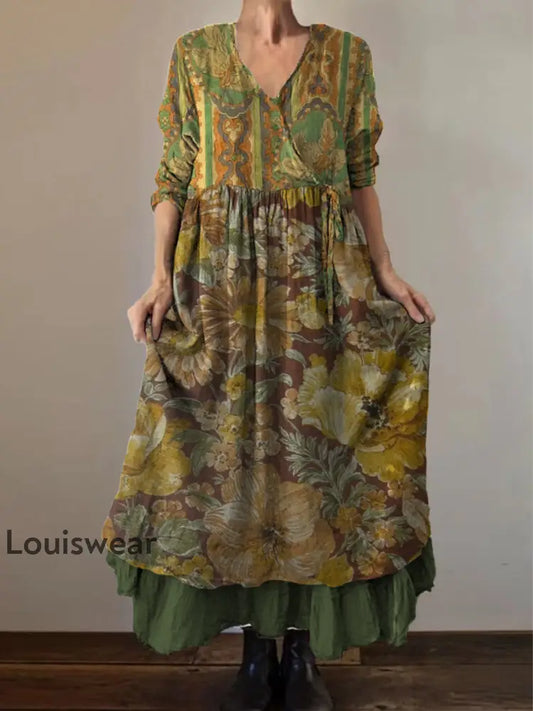 Retro Boho Blumen druck Vintage V-Ausschnitt Doppel-Saum Baumwolle Langarm Midi-Kleid A / S