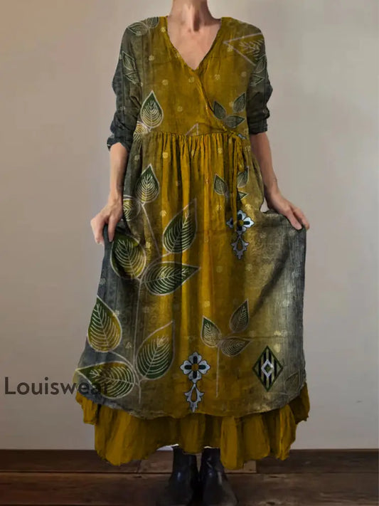 Retro Boho Blumen druck Vintage V-Ausschnitt Doppel-Saum Baumwolle Langarm Midi-Kleid A / S