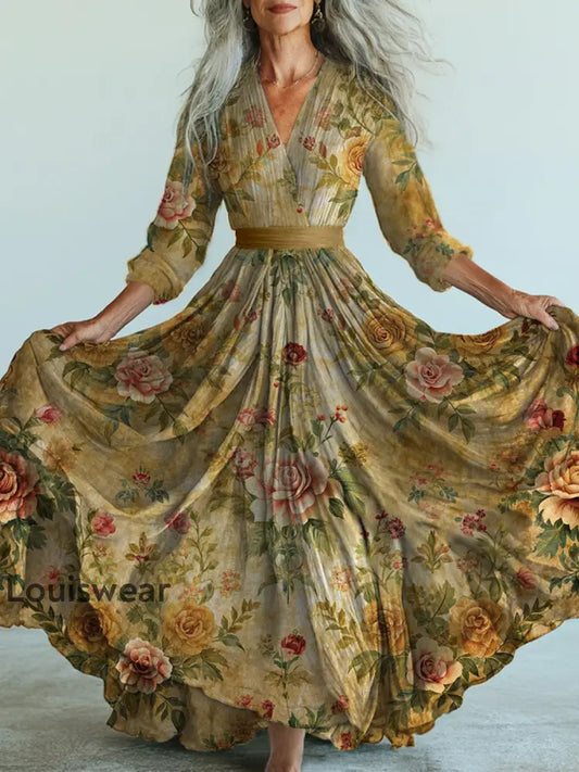 Retro Boho Blumen kunst bedruckt Vintage V-Ausschnitt Langarm Midi-Kleid A / S