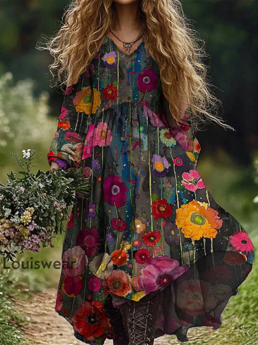 Retro Boho Floral Botanik Print Vintage Chic V-Ausschnitt Baumwolle Langarm Midi-Kleid A / S