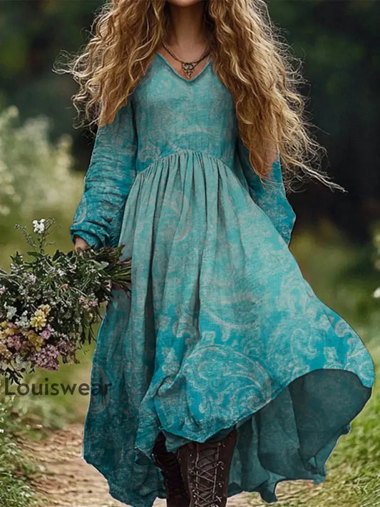 Retro Boho Floral Botanik Print Vintage Chic V-Ausschnitt Baumwolle Langarm Midi-Kleid A / S