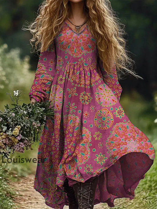Retro Boho Floral Botanik Print Vintage Chic V-Ausschnitt Baumwolle Langarm Midi-Kleid A / S
