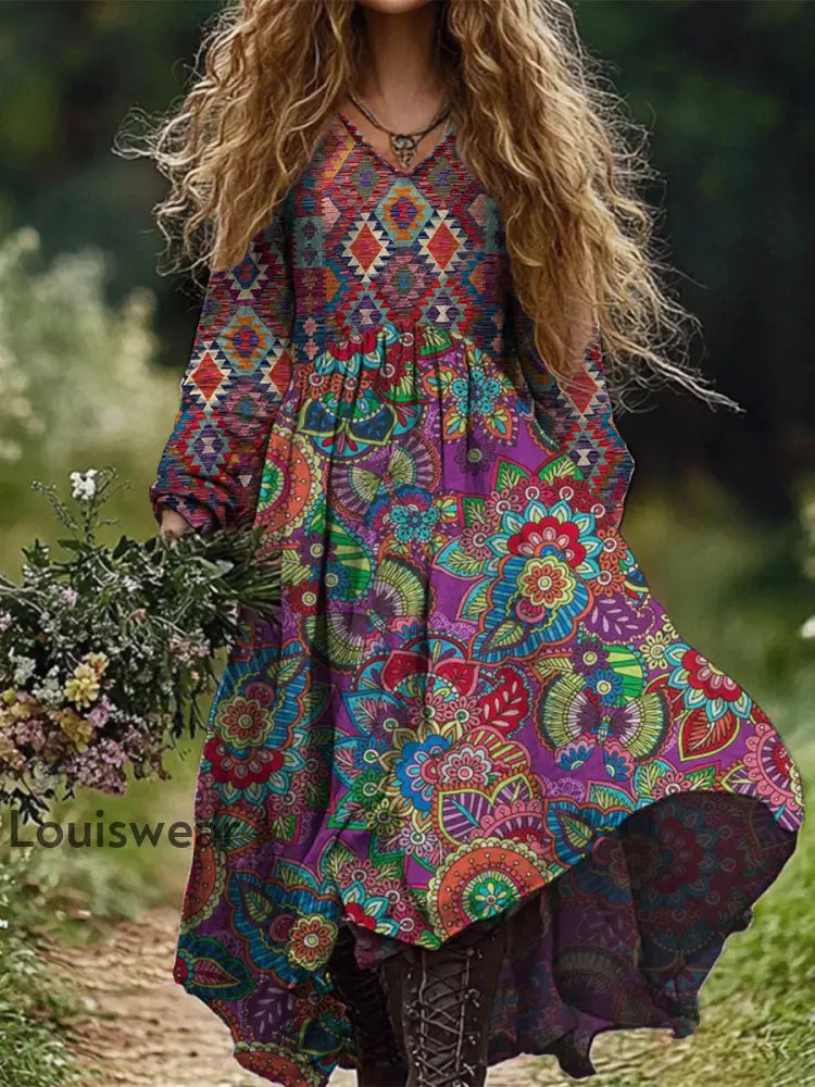 Retro Boho Floral Botanik Print Vintage Chic V-Ausschnitt Baumwolle Langarm Midi-Kleid A / S
