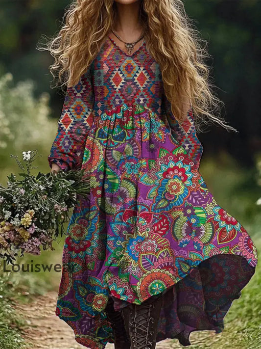 Retro Boho Floral Botanik Print Vintage Chic V-Ausschnitt Baumwolle Langarm Midi-Kleid A / S