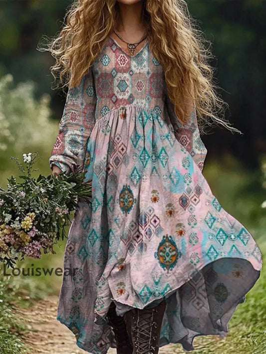 Retro Boho Floral Botanik Print Vintage Chic V-Ausschnitt Baumwolle Langarm Midi-Kleid A / S