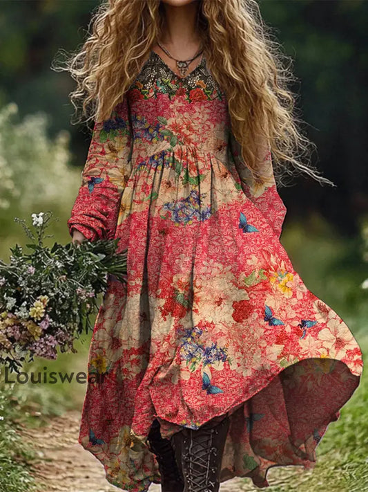 Retro Boho Floral Botanik Print Vintage Chic V-Ausschnitt Baumwolle Langarm Midi-Kleid A / S